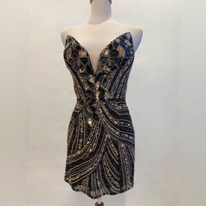 Ashley lauren Glamorous Strapless Sequin Dress in Black and Gold